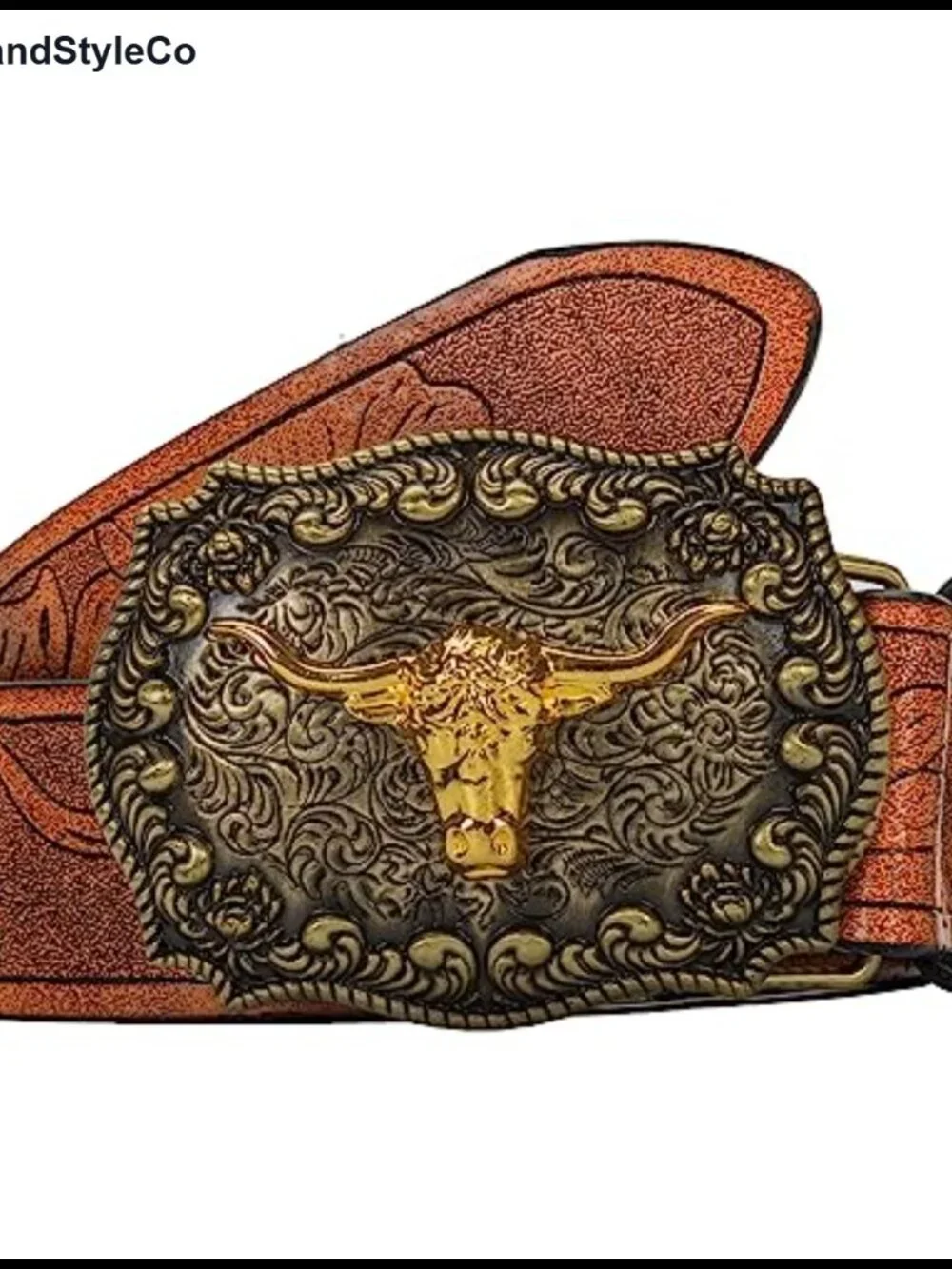 Western PU-Leather Cowboy Buckle Belt with Floral Engraved Longhorn Bull Buckle